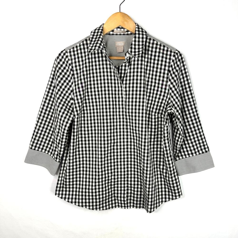 Chico's No Iron Black & White Plaid Button Down Shirt Size 0